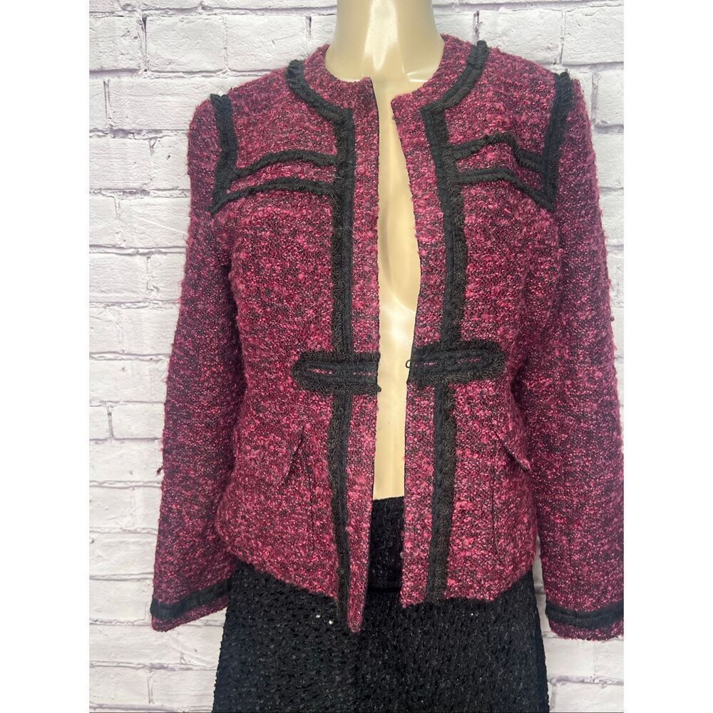 Nanette Lepore Womens Magenta Black Tweed Open Front Blazer Jacket Size 10 - Picture 1 of 9